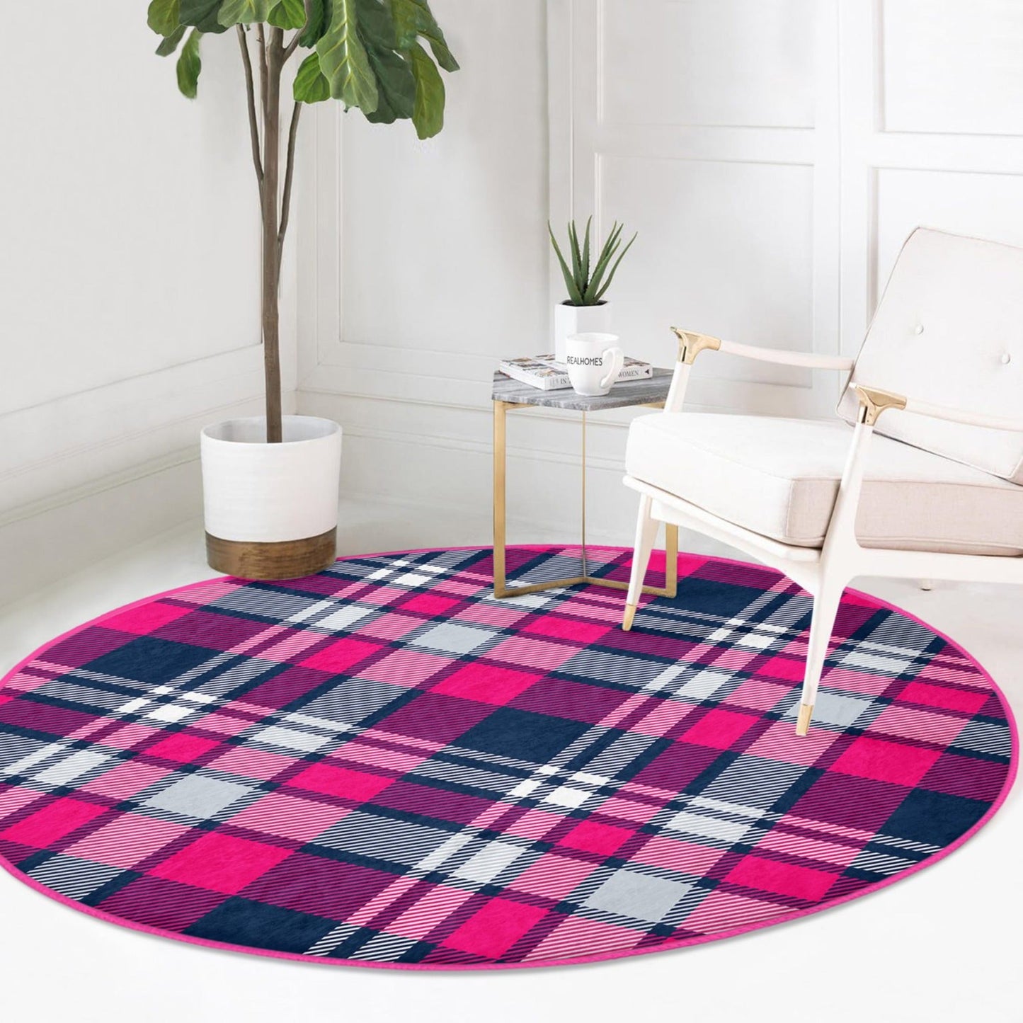 Plaid Patterned Decorative Round Rug, Plaid Living Room Circle Carpet,