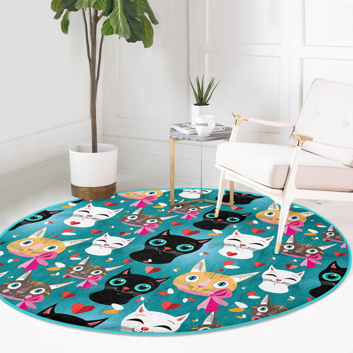 Cat Printed Round Rug, Kids Room Circle Carpet, Non Slip Nursery Room