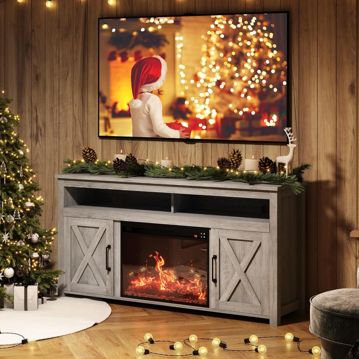 Barn Door Wood Electric Fireplace TV Stand for Tvs up to 65 Inches