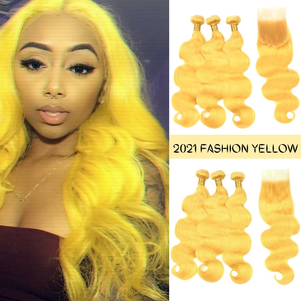 #Yellow 10A Grade #1B/Yellow Body Wave 3/4 BUNDLES with CLOSURES & FRO