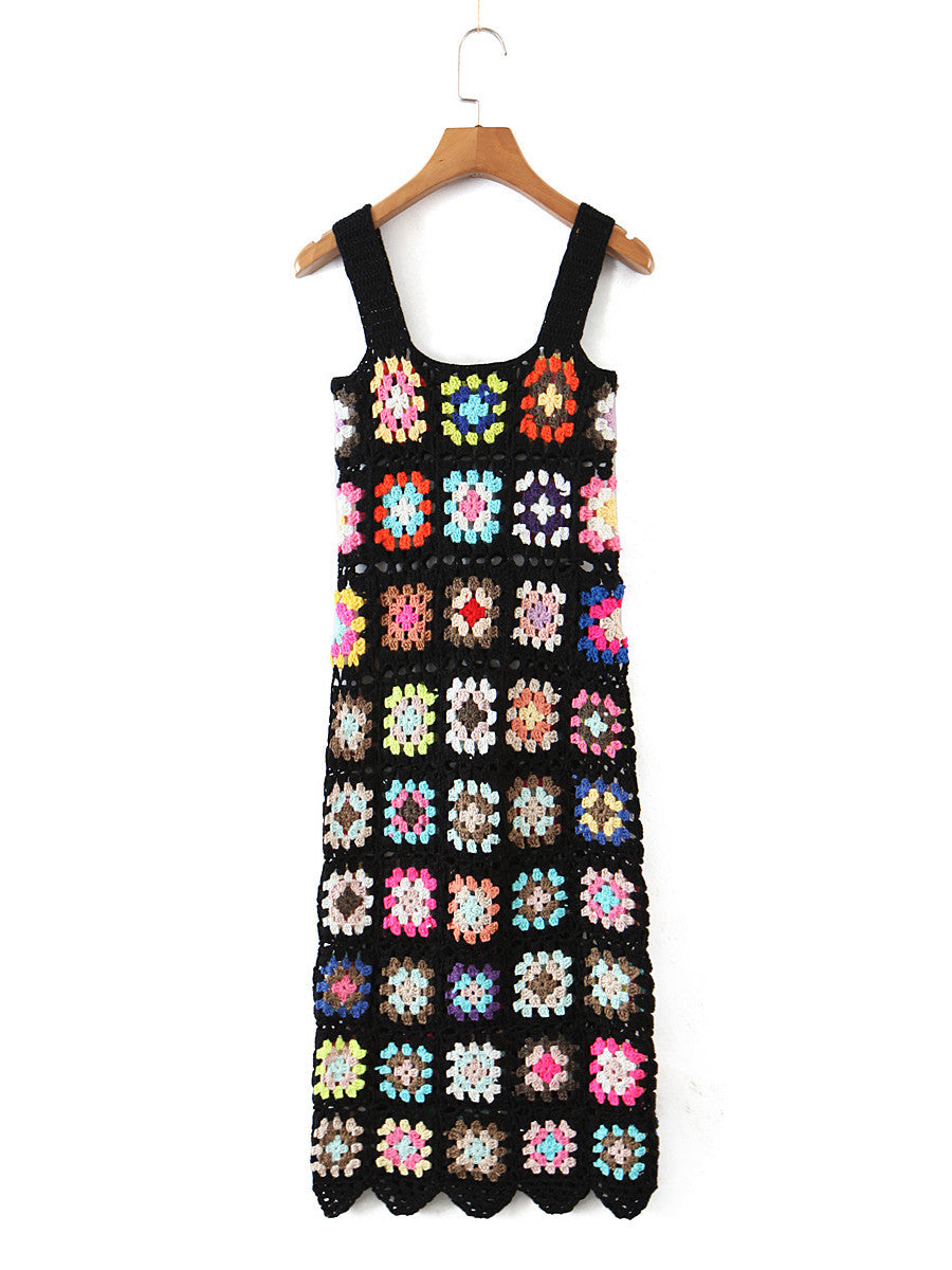 BOHO Summer Handmade Black Colored Plaid Crochet Sling Dress