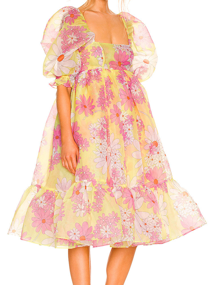 Summer Daisy Flower Print Organza Ball Gown Dress - Walbiz.com