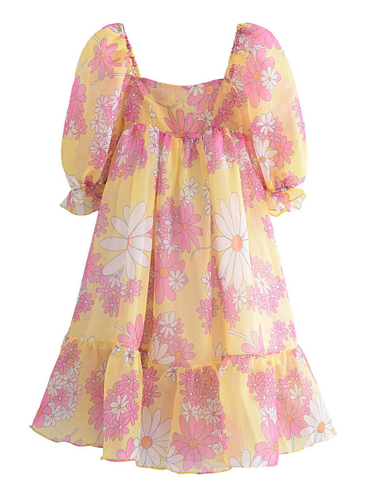 Summer Daisy Flower Print Organza Ball Gown Dress - Walbiz.com