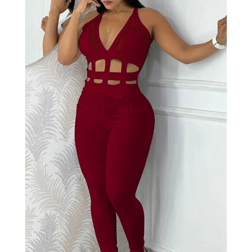 Hollow Out Halter Buckled Contrast Mesh Jumpsuit