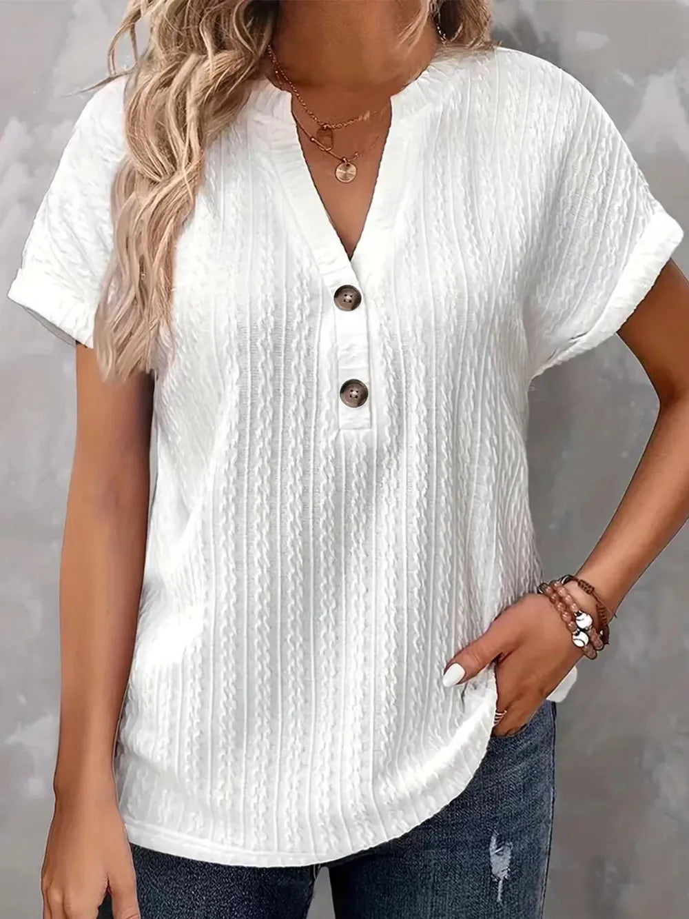  Textured Notched Short Sleeve Top – Effortless Style | Walbiz
