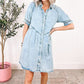Women Ruffled Short Sleeve Buttoned Denim Dress