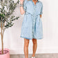 Women Ruffled Short Sleeve Buttoned Denim Dress