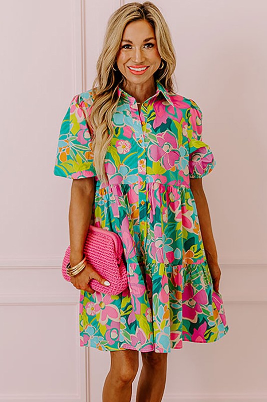 Women Floral Puff Sleeve Buttoned Babydoll Dress – walbiz.com