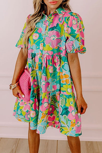 Women Floral Puff Sleeve Buttoned Babydoll Dress