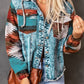 Geometric Print Frayed Hem Denim Jacket
