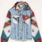 Geometric Print Frayed Hem Denim Jacket