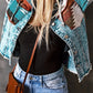 Geometric Print Frayed Hem Denim Jacket