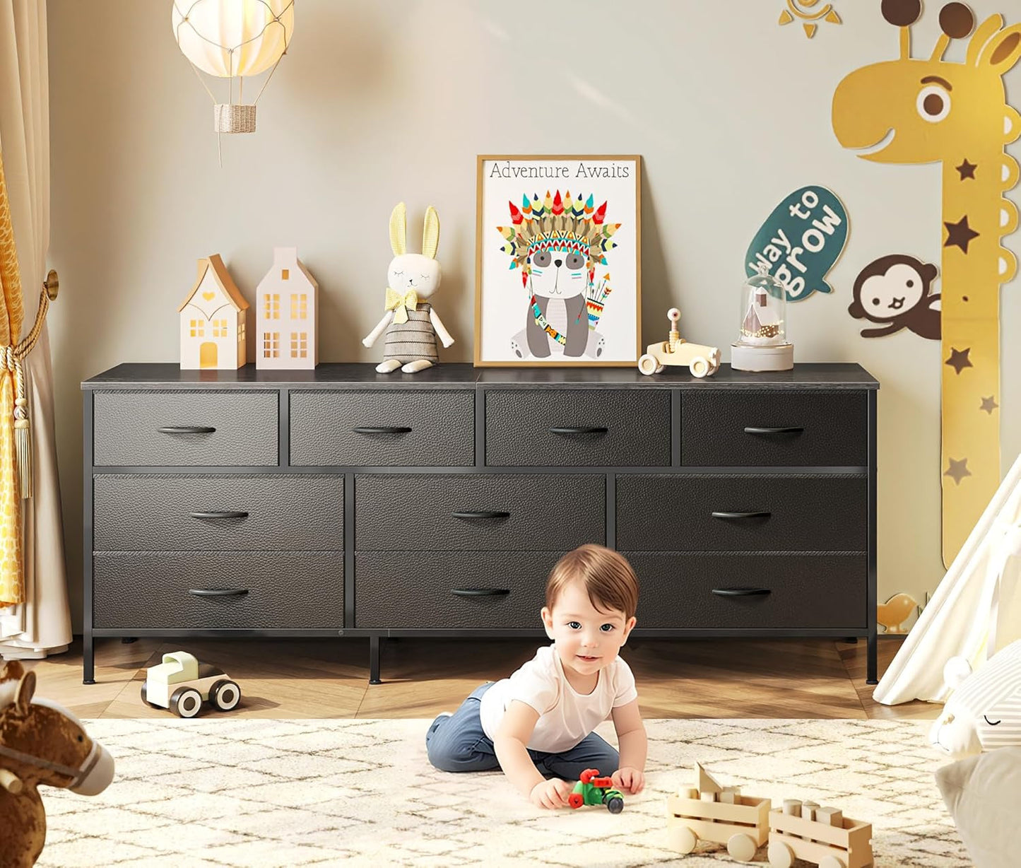 63 Inch TV Stand Dresser for Bedroom, Long Dresser with 10 Fabric