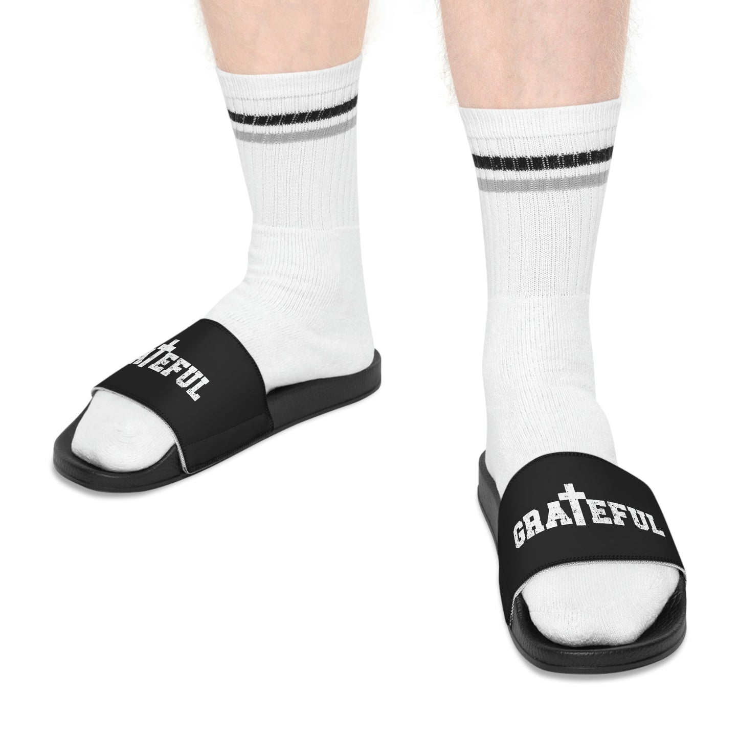 Mens Black Slide Sandals - Grateful Christian Inspiration Affirmation