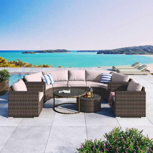 9-Pieces Outdoor Half-moon Patio Sofa Set, Round Sofa Set, Modern