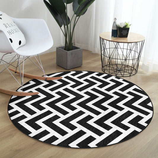 Black-White Decorative Round Rug, Circle Non Slip Area Carpet, Living
