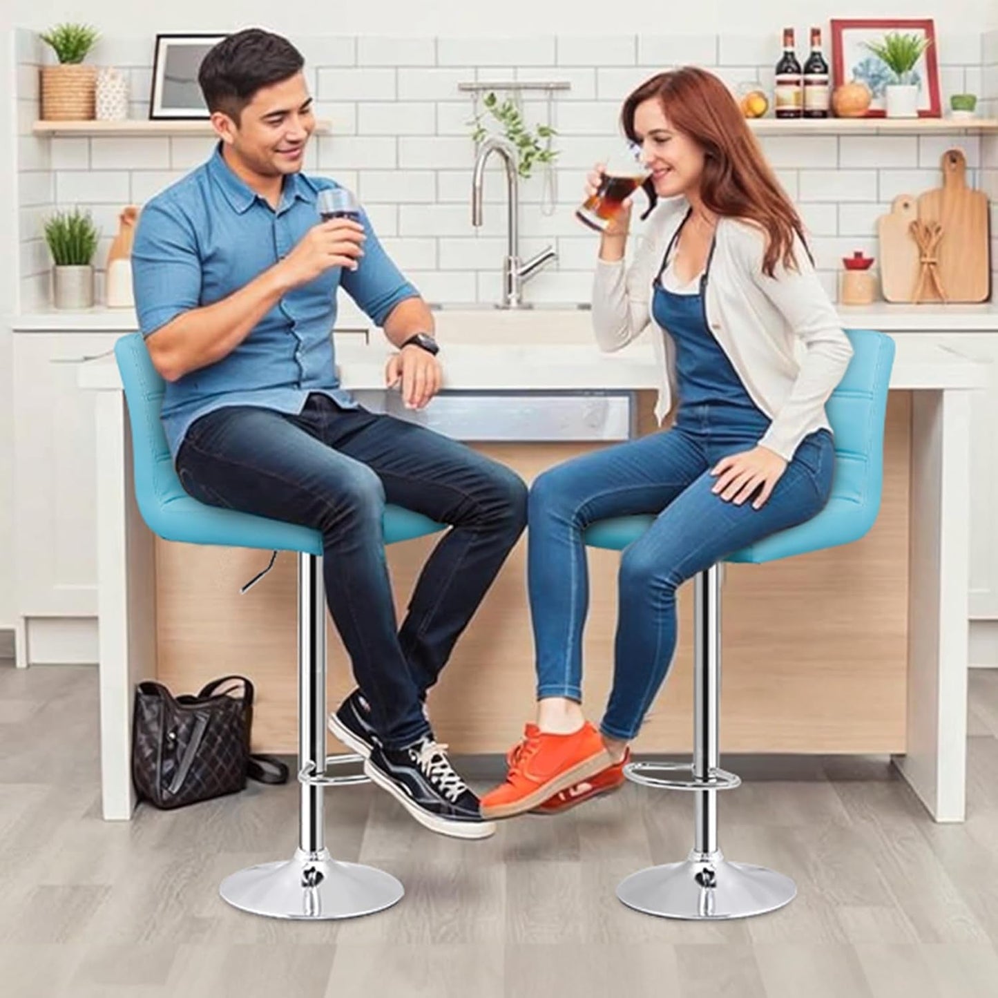 Set of 4 Adjustable Swivel Barstools, Modern PU Leather Kitchen