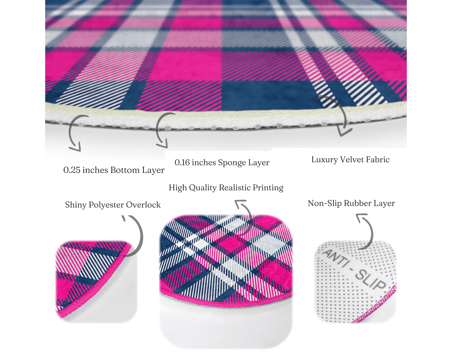 Plaid Patterned Decorative Round Rug, Plaid Living Room Circle Carpet,