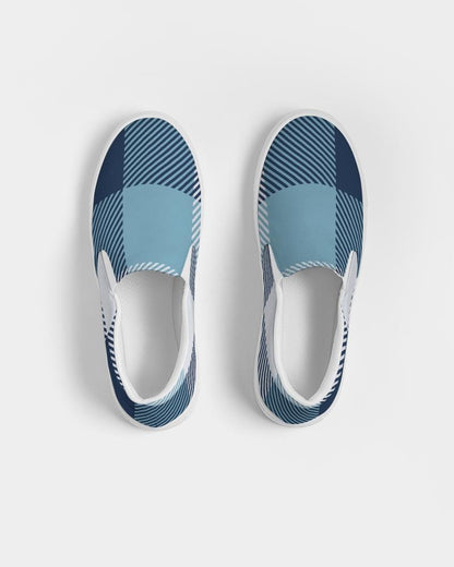 Mens Sneakers, Blue Plaid Low Top Slip-on Canvas Sports Shoes - Pzq475