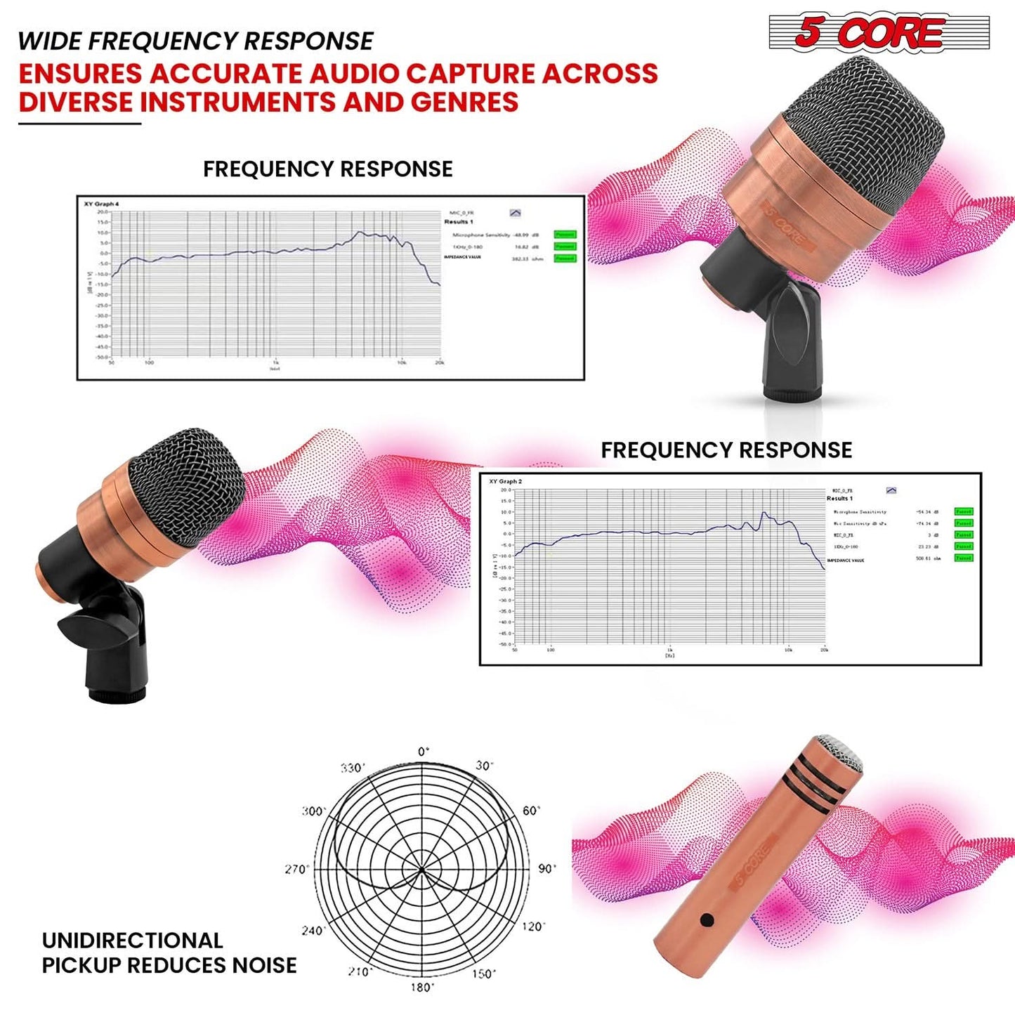 5Core Drum Mic Kit 7 Pcs Kick Bass Tom Snare Dynamic Microphone