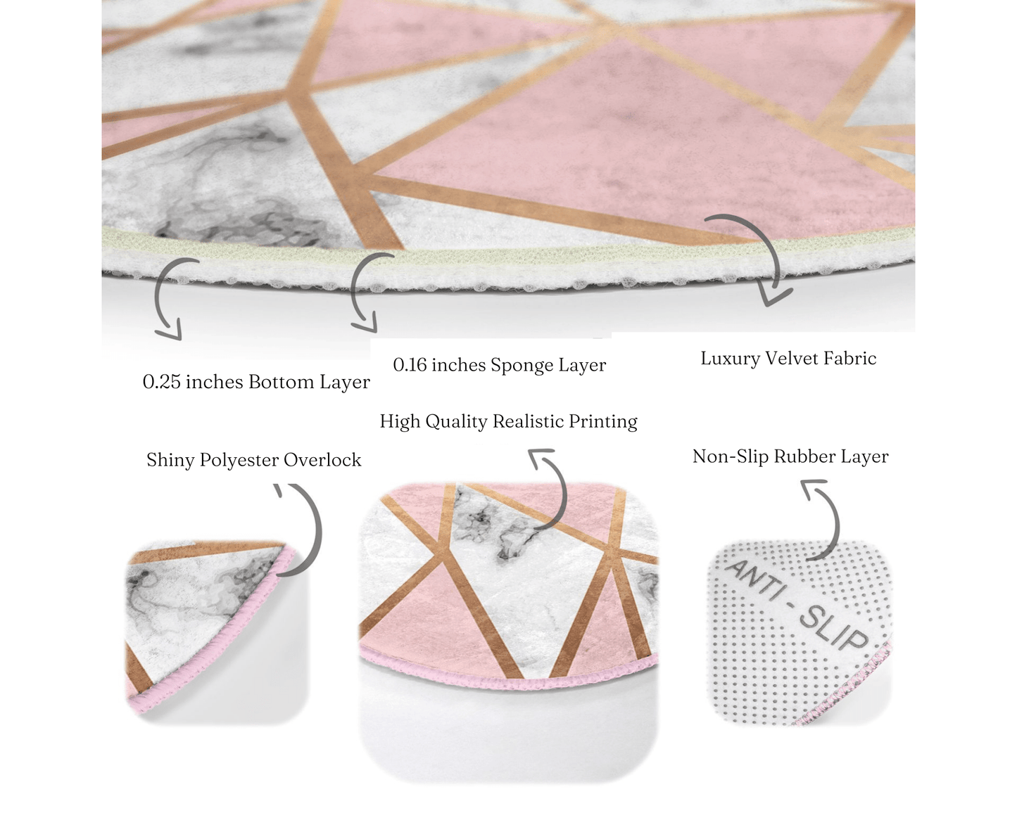 Pink Diamond Patterned Round Rug,  Luxury Home Style Circle Carpet,