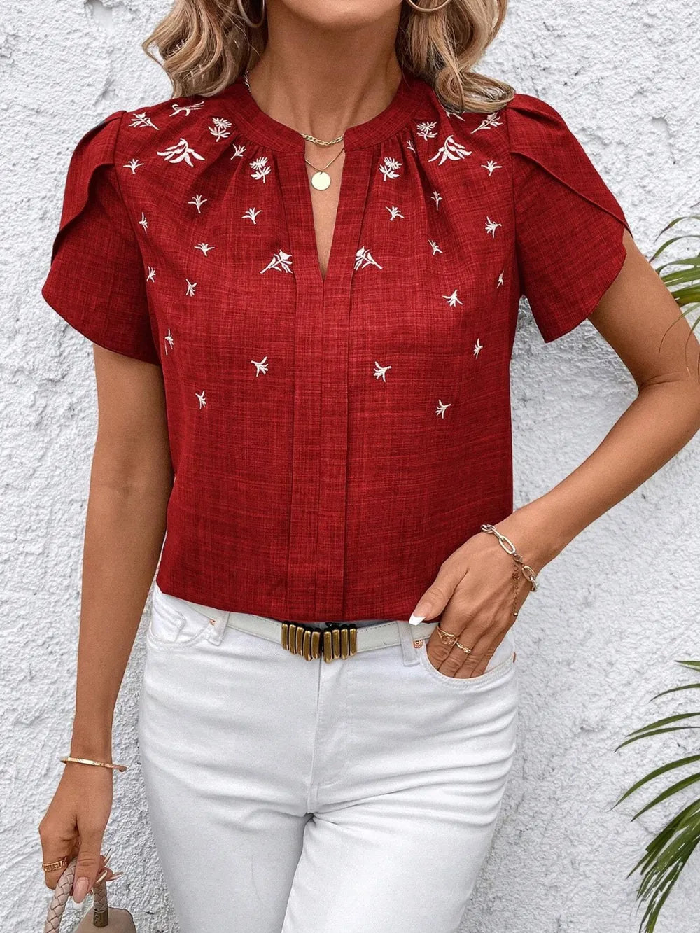 Floral Notched Short Sleeve Blouse – Effortless Elegance by Walbiz