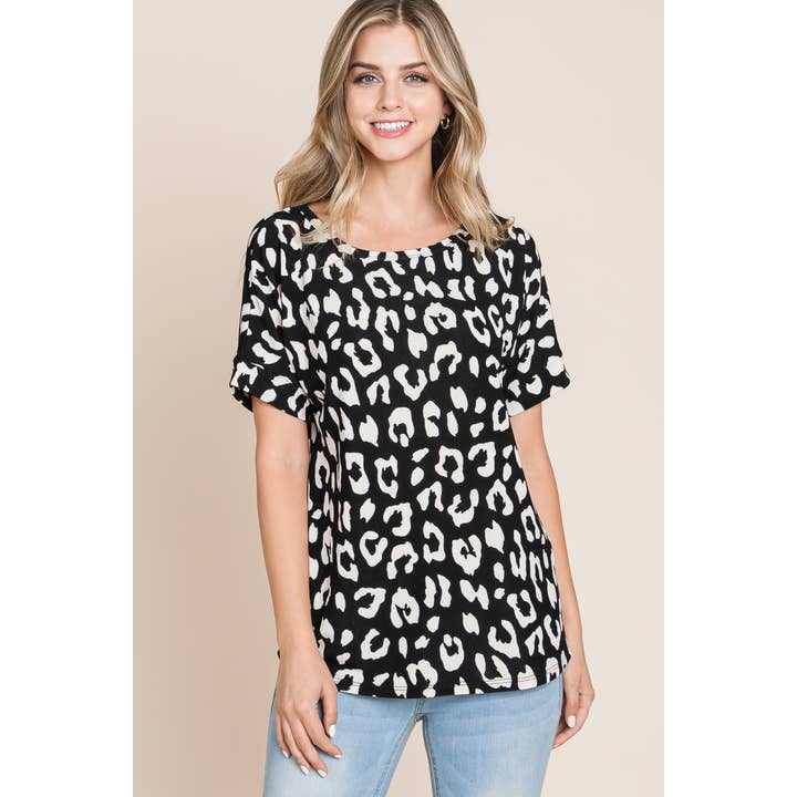 W BLACK ANIMAL PRINT SOFT KNIT TEE | XL