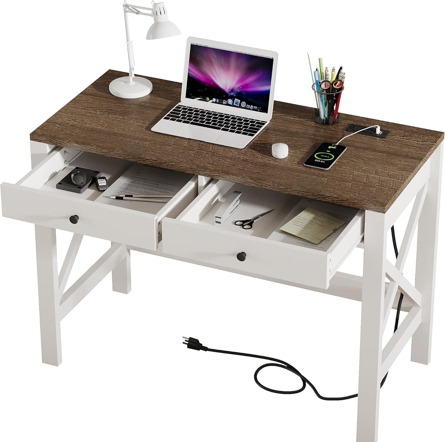 Farmhouse Desk with USB Charging Ports and Power Outlets, 39" Computer