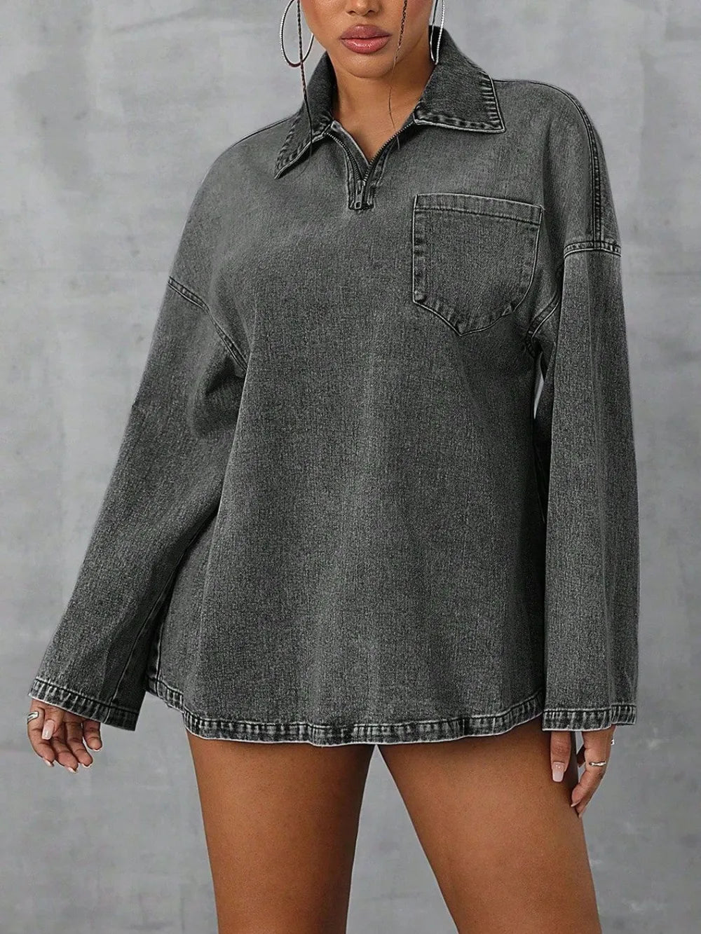 Collared Neck Drop Shoulder Denim Top - Stylish Fashion | Walbiz