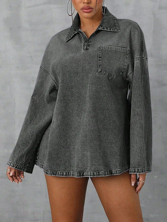 Collared Neck Drop Shoulder Denim Top - Stylish Fashion | Walbiz