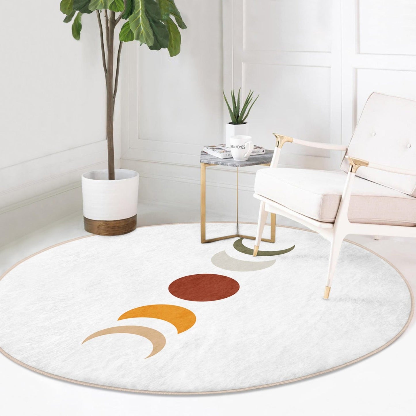 Moon Patterned round Rug, Boho Style Area Carpet, Non Slip Decorative