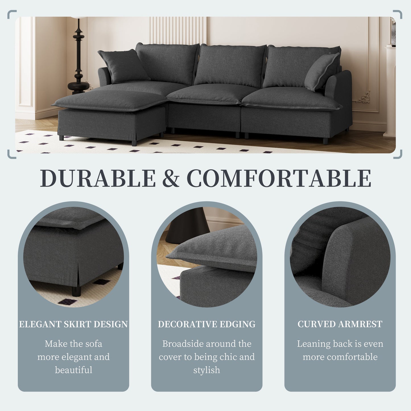 Chenille Sectional Sofa with Ottoman,L Shaped Cloud Couch Set with