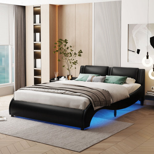 Full Size Upholstered Faux Leather Platform Bed With LED Light Bed Fra