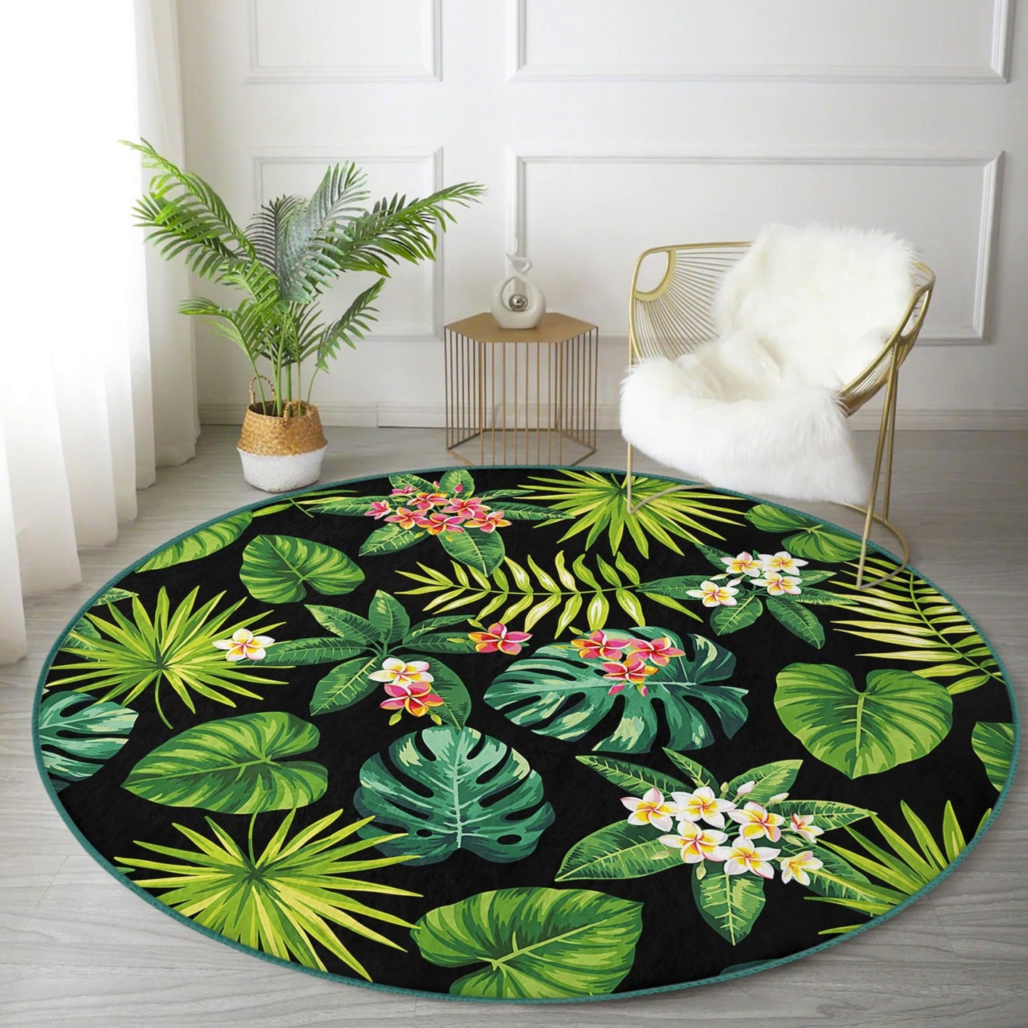 Green Floral Round Rug, Floral Patterned Decorative Circle Carpet, Non