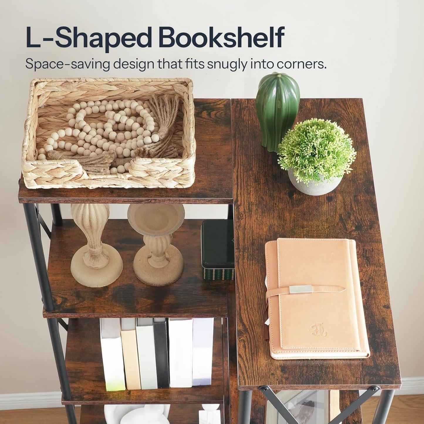 Corner Bookshelf, 5-Tier L-Shaped Bookcase, Industrial Open Display
