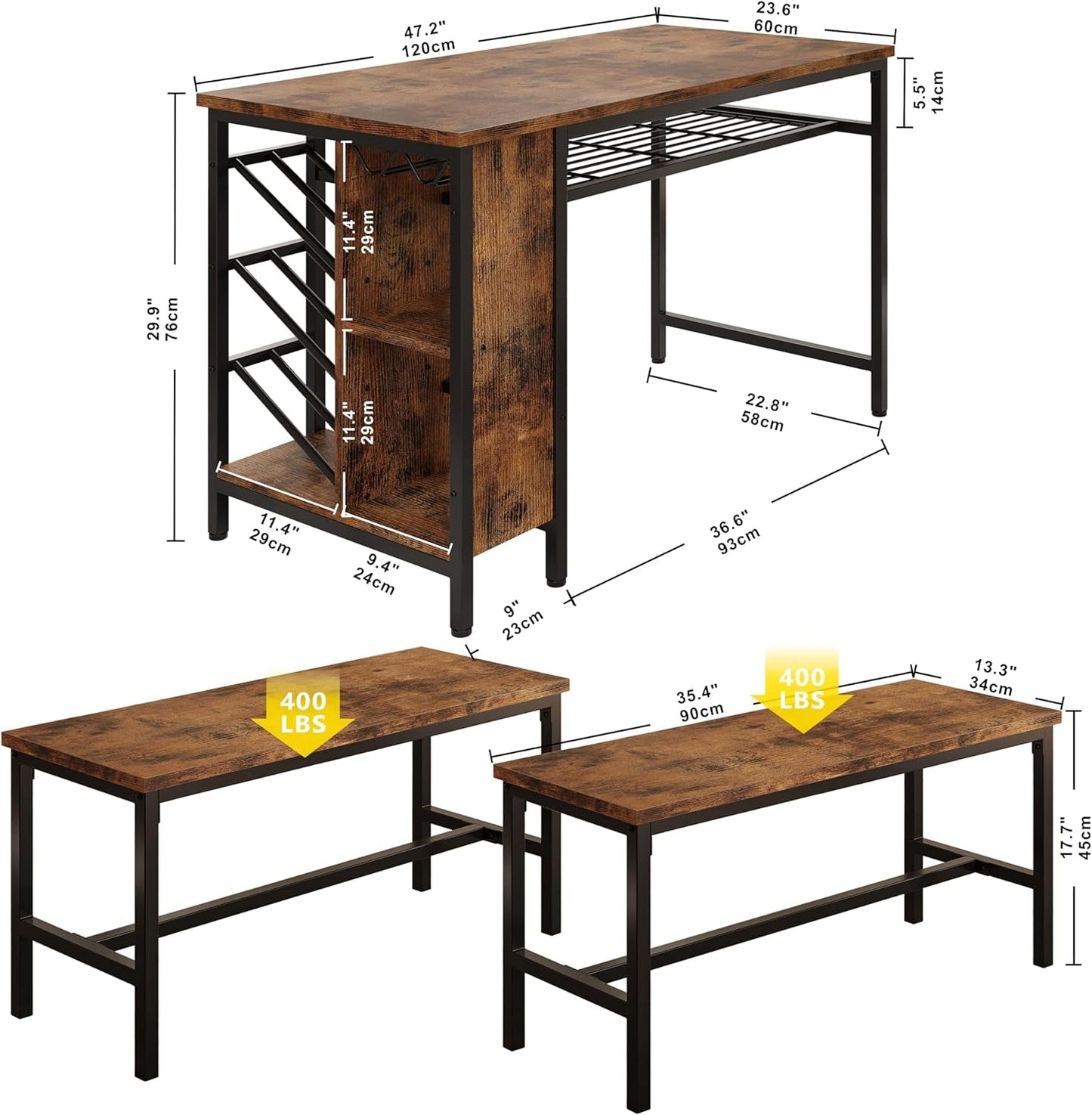 3-Piece Dining Table Set for 4, 47Inch Kitchen Table with 2 Benches,