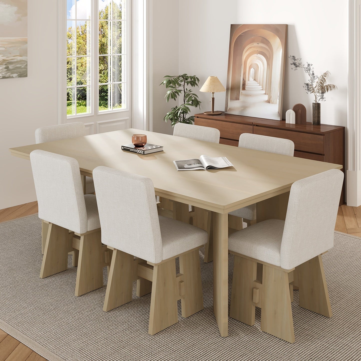 Modern 7-Piece Dining Table Set with 6 Upholstered Dining Chairs,