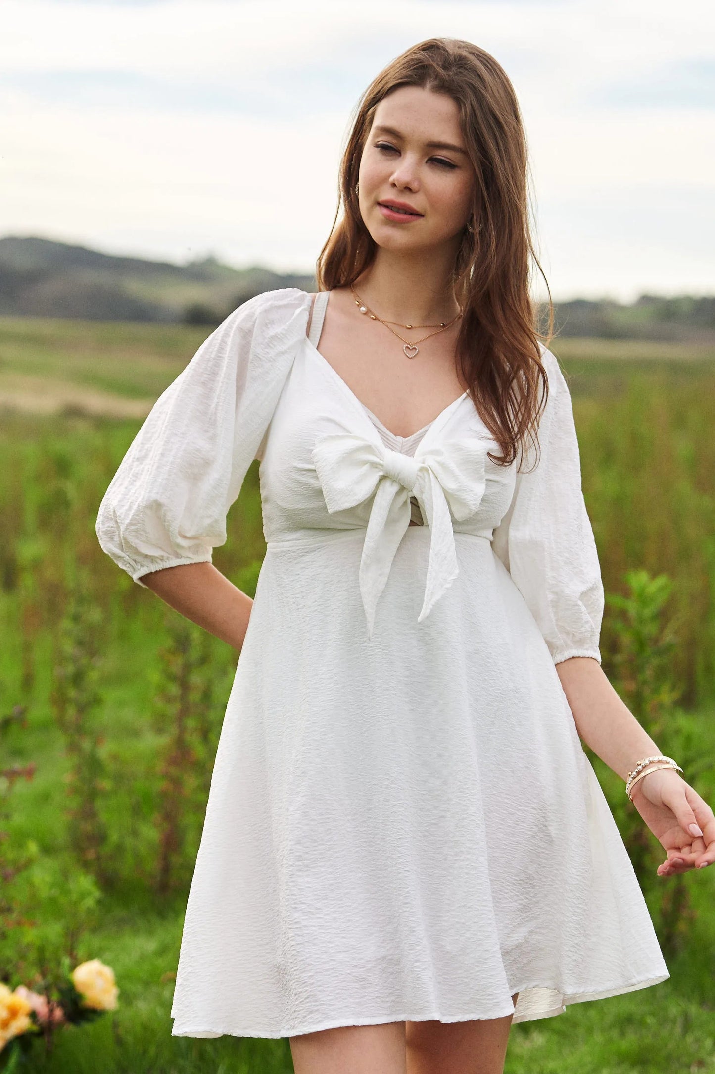 Davi & Dani Self-Tie Puff Sleeve Smocking Open Back Mini Dress