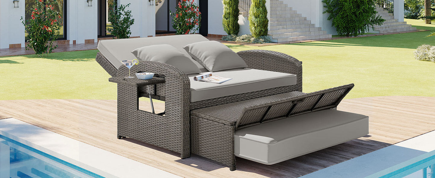 PE Wicker Rattan Double Chaise Lounge, 2-Person Reclining Daybed with