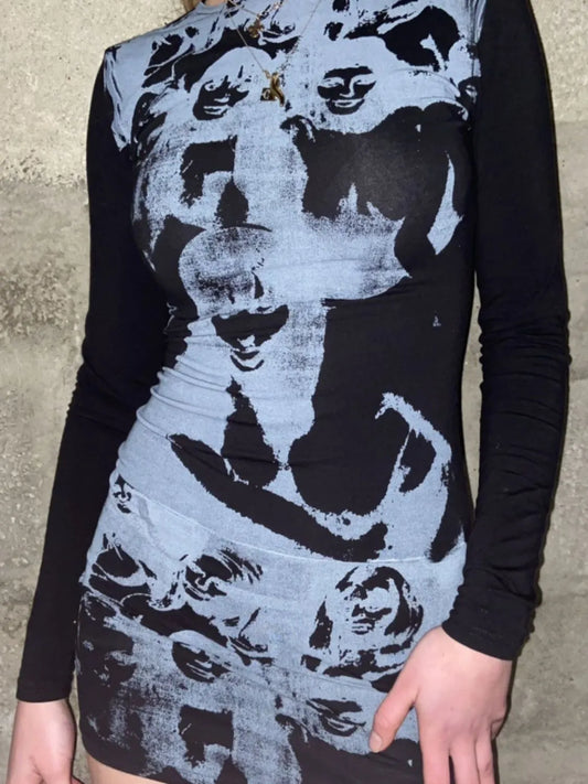 Printed Round Neck Long Sleeve Mini Dress - Trendy & Chic | Walbiz