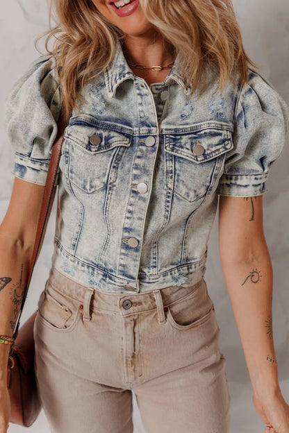 Washed Buttoned Chest Pocket Puff Sleeve Denim Jacket | Walbiz