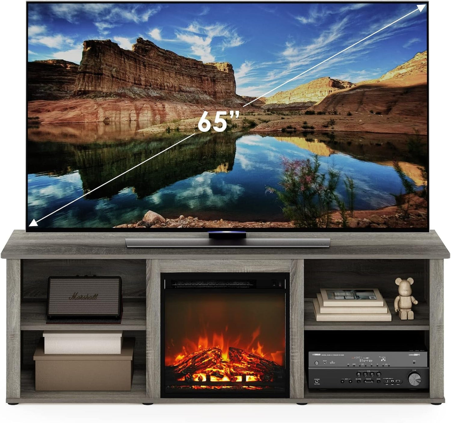Classic 70 Inch TV Stand with Fireplace, French Oak Grey
