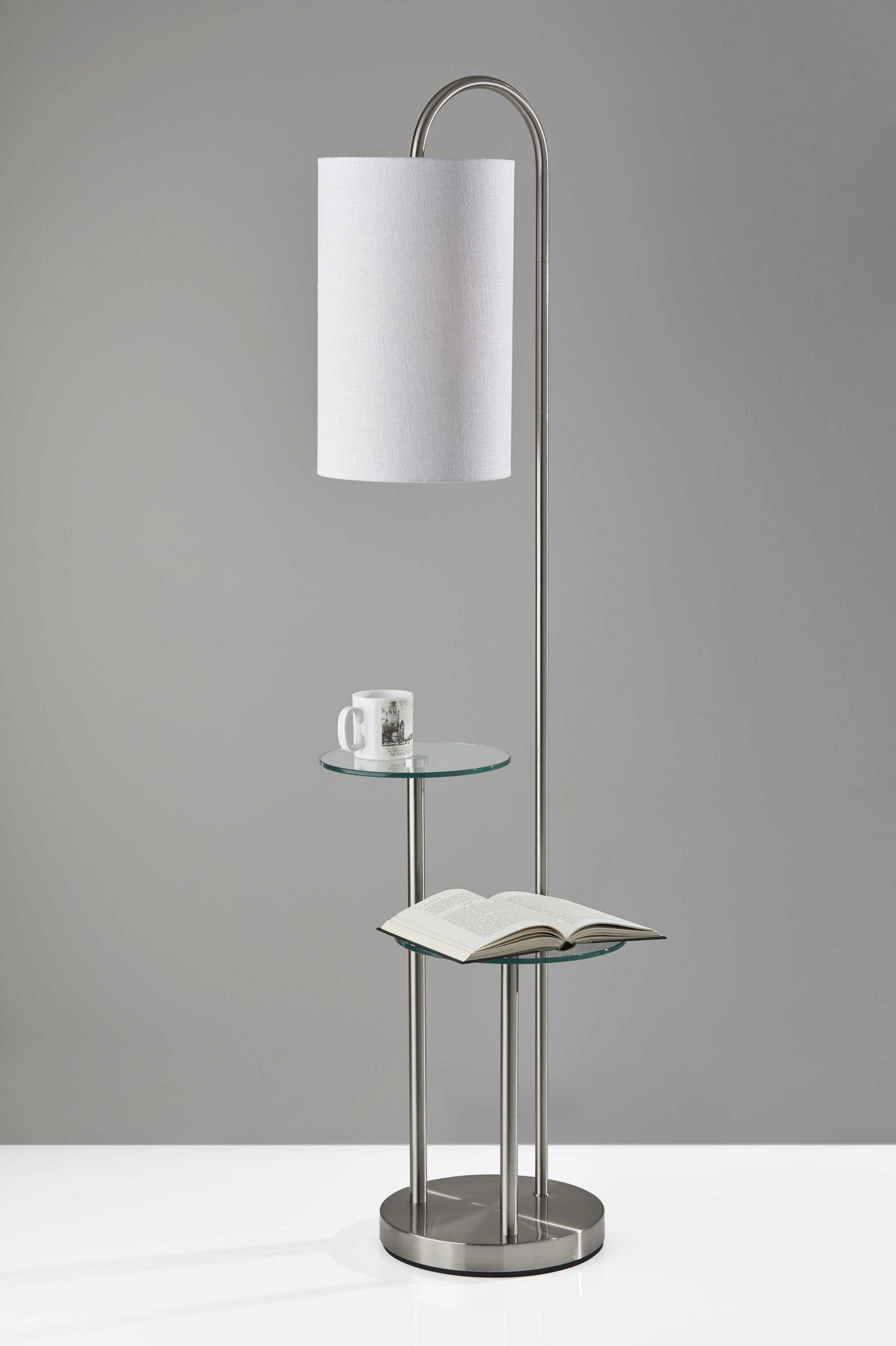 66" Silver Tray Table Floor Lamp With White Fabric Drum Shade