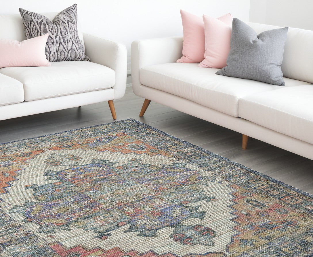 8' X 10' Blue And Orange Medallion Hand Woven Distressed Area Rug