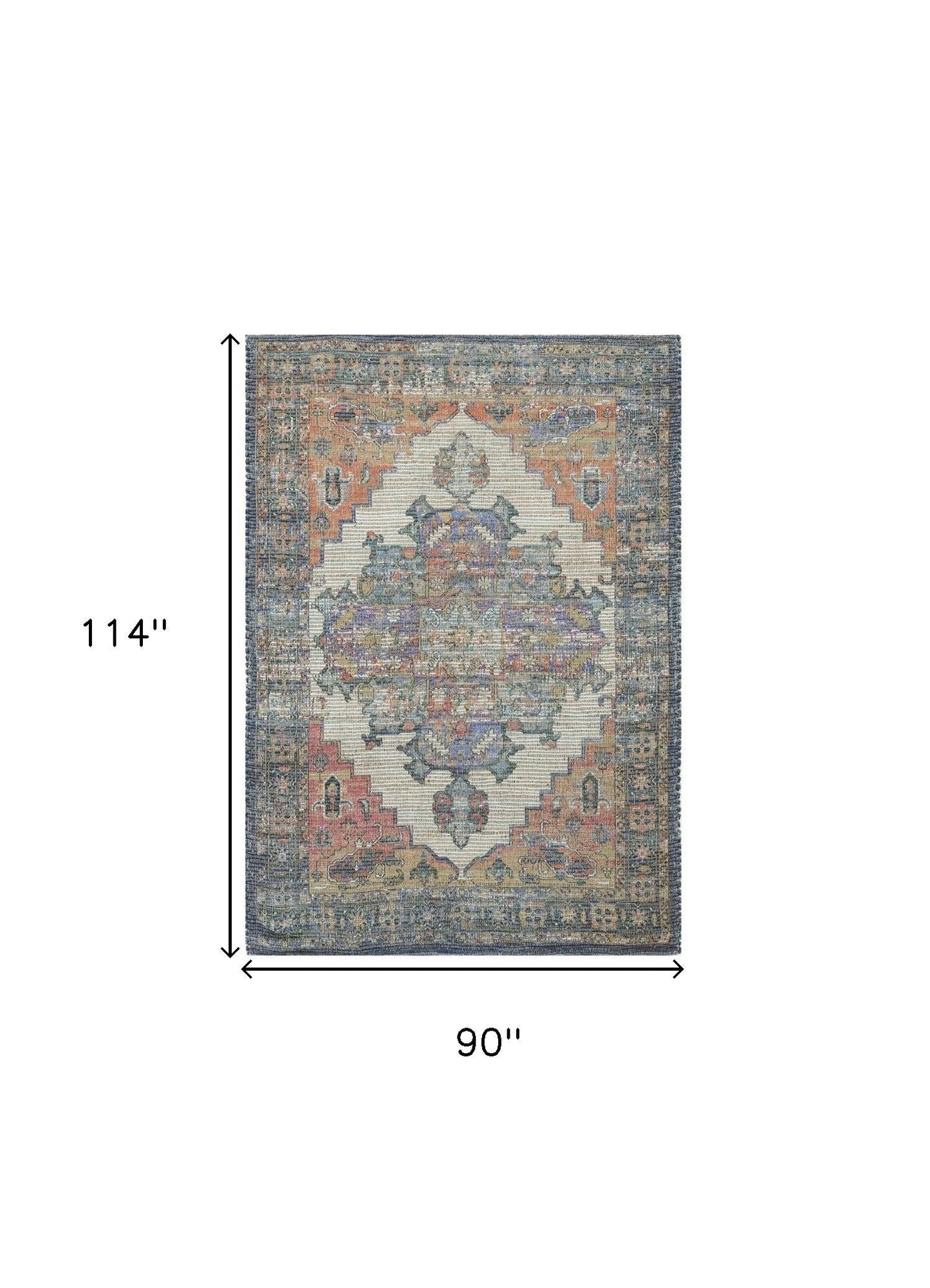 8' X 10' Blue And Orange Medallion Hand Woven Distressed Area Rug