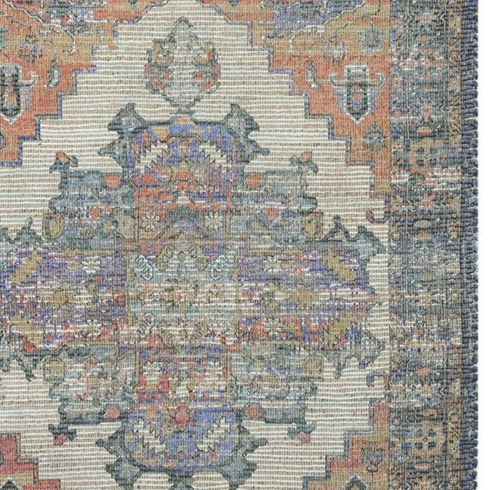 8' X 10' Blue And Orange Medallion Hand Woven Distressed Area Rug