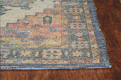 8' X 10' Blue And Orange Medallion Hand Woven Distressed Area Rug