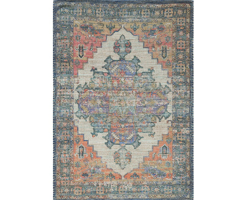 8' X 10' Blue And Orange Medallion Hand Woven Distressed Area Rug