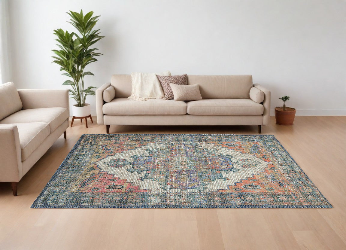 8' X 10' Blue And Orange Medallion Hand Woven Distressed Area Rug