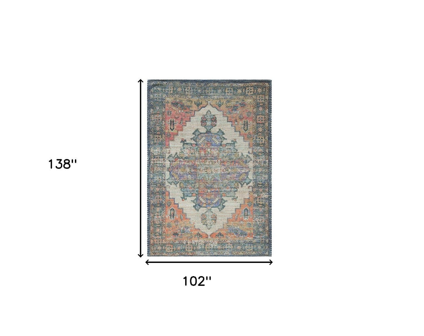 8' X 10' Blue And Orange Medallion Hand Woven Distressed Area Rug
